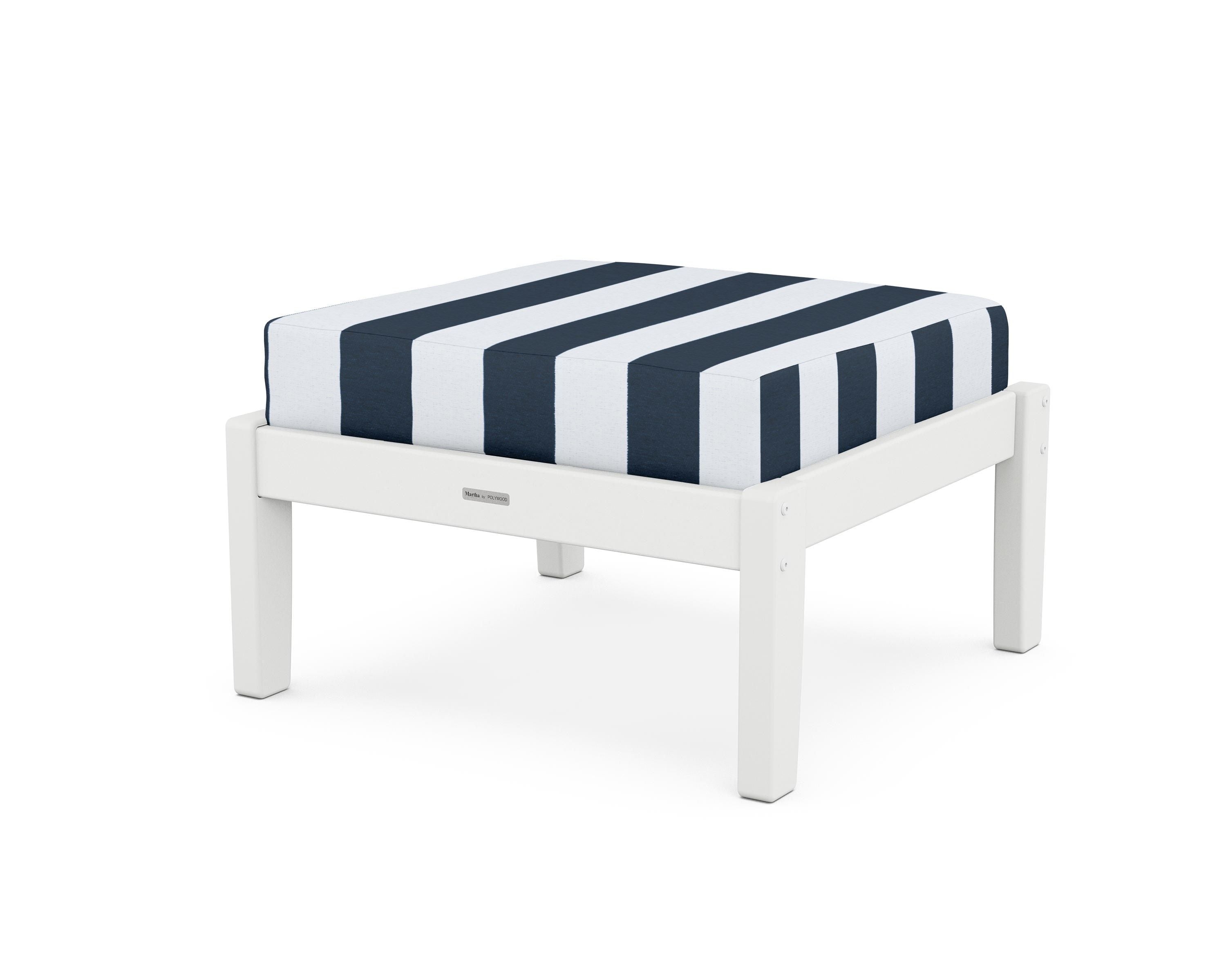 Martha Stewart by POLYWOOD® Chinoiserie Deep Seating Ottoman in White / Cabana Stripe Marine Indigo