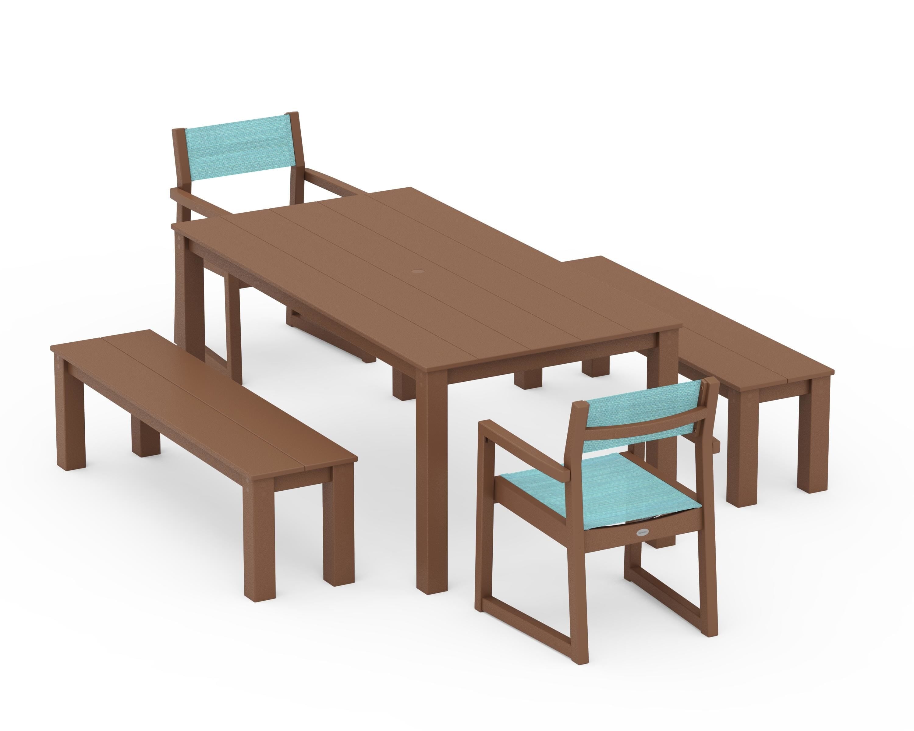 POLYWOOD® EDGE Sling Arm Chair 5-Piece Parsons Dining Set with Benches in Teak / Dupioni Aquamarine Sling