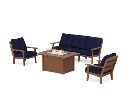 POLYWOOD® Lakeside Deep Seating Fire Pit Table Set in Teak / Navy