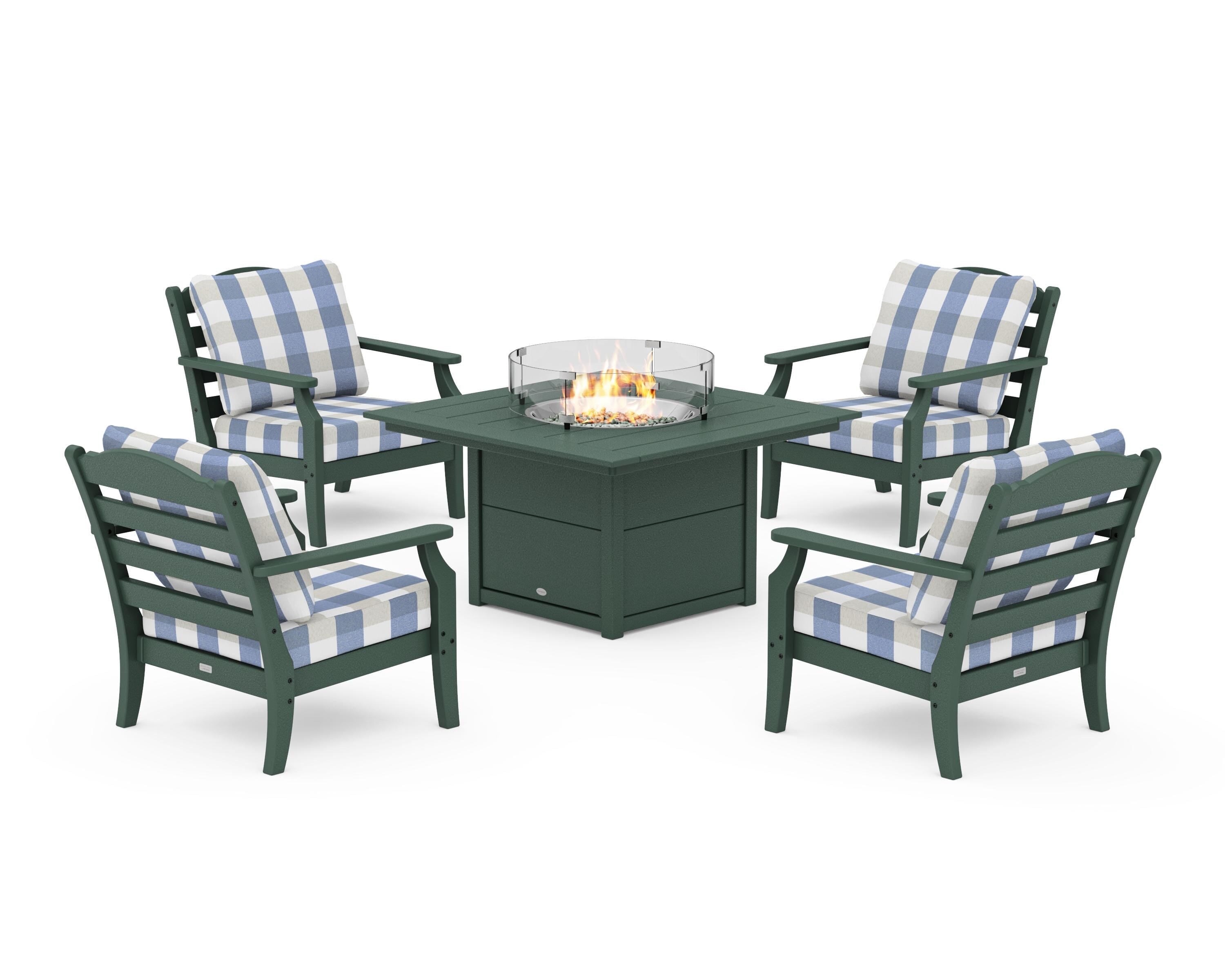 Draper James™ by  POLYWOOD® Savannah 5-Piece Deep Seating Set with Fire Pit Table in Green / Buffalo Plaid Sky Blue