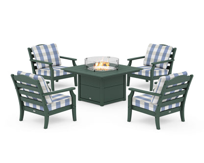 Draper James™ by  POLYWOOD® Savannah 5-Piece Deep Seating Set with Fire Pit Table in Green / Buffalo Plaid Sky Blue