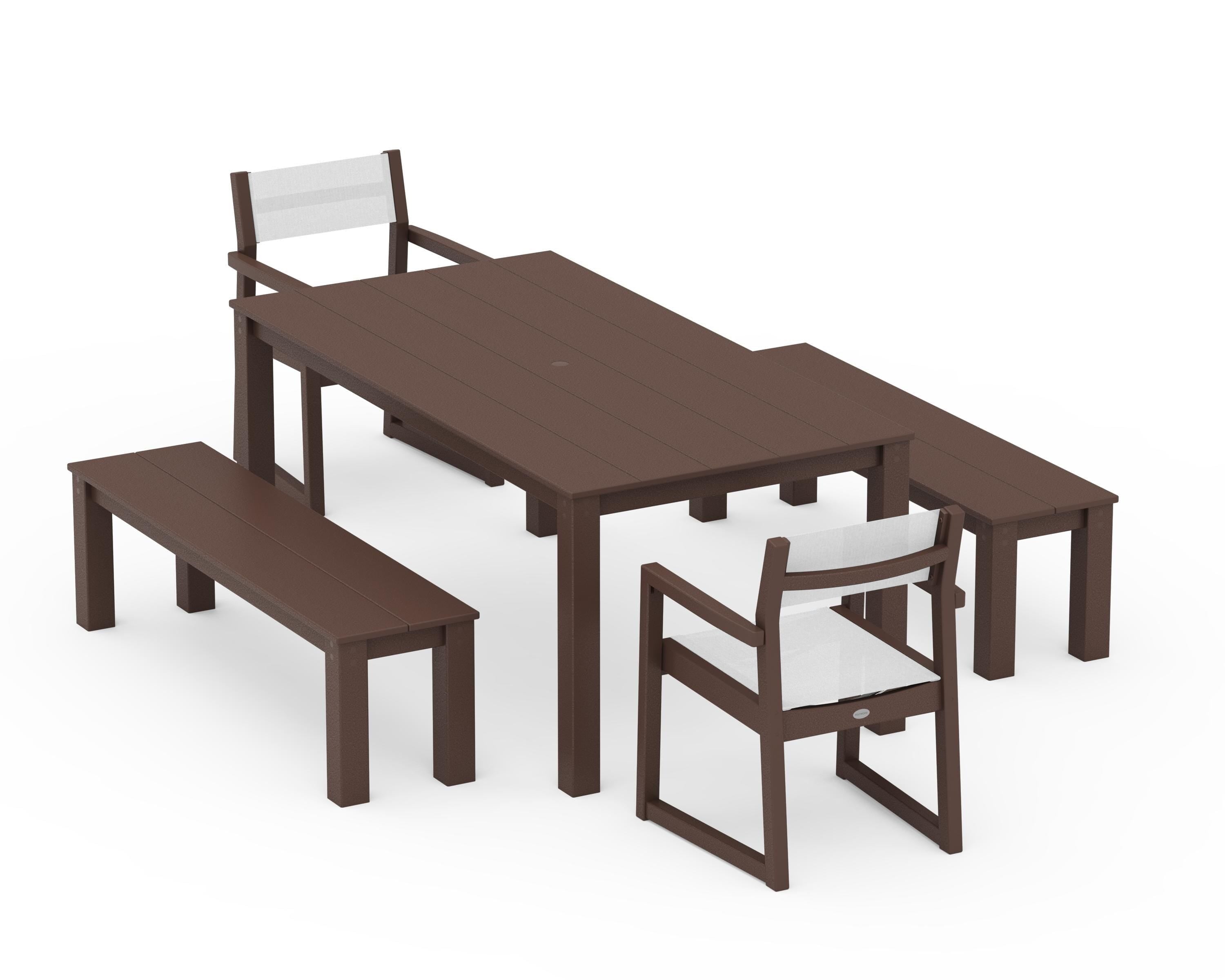 POLYWOOD® EDGE Sling Arm Chair 5-Piece Parsons Dining Set with Benches in Mahogany / White Sling