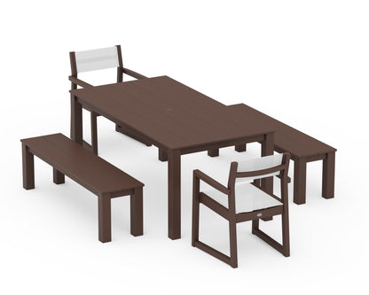 POLYWOOD® EDGE Sling Arm Chair 5-Piece Parsons Dining Set with Benches in Mahogany / White Sling