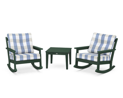 POLYWOOD® Vineyard 3-Piece Deep Seating Rocker Set in Green / Buffalo Plaid Sky Blue