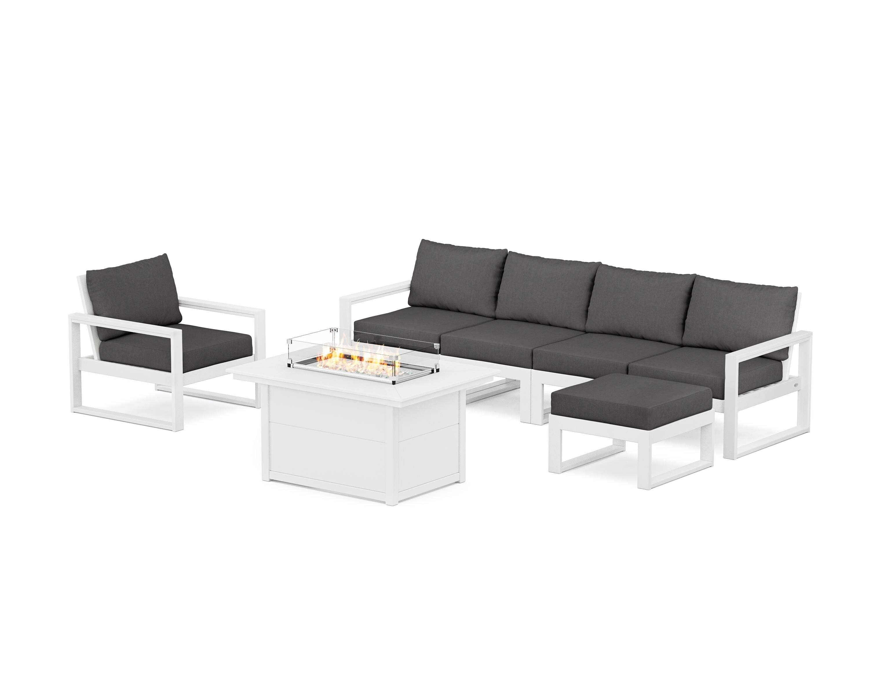 POLYWOOD® EDGE Sectional Lounge and Fire Pit Set in White / Spectrum Carbon