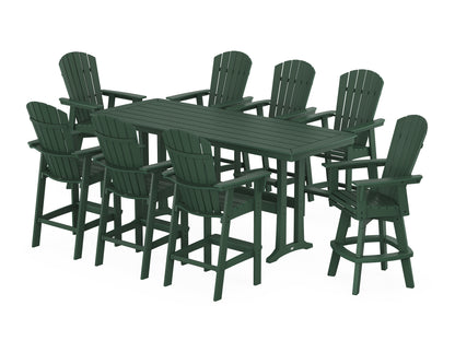 POLYWOOD® Nautical Curveback Adirondack Swivel 9-Piece Bar Set with Trestle Legs in Green