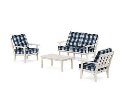 POLYWOOD® Oxford 4-Piece Deep Seating Set with Loveseat in Sand / Buffalo Plaid Marine Indigo