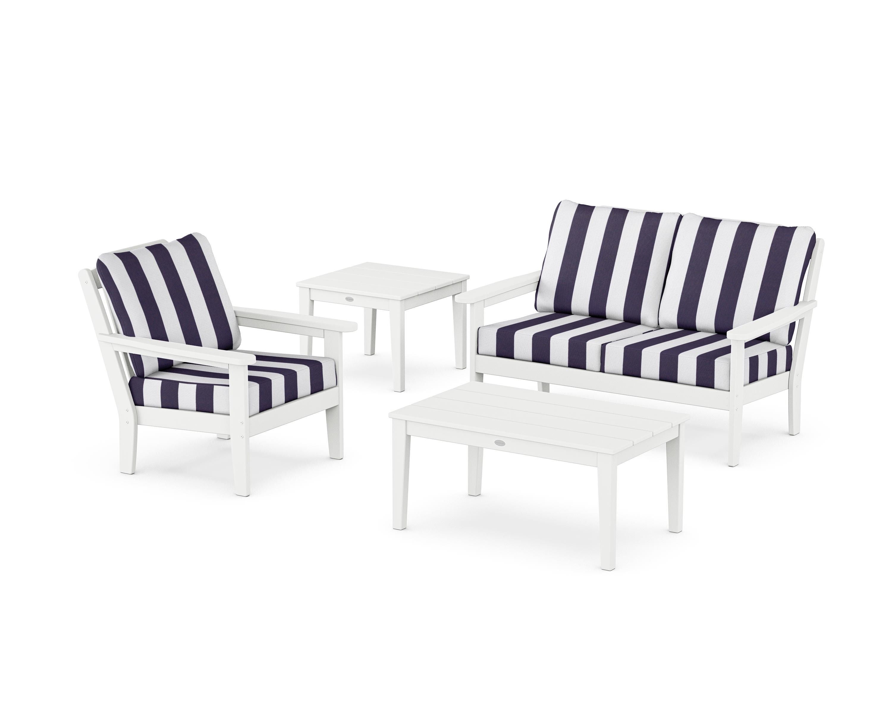 Country Living Wovendale 4-Piece Deep Seating Set in White / Cabana Stripe Navy