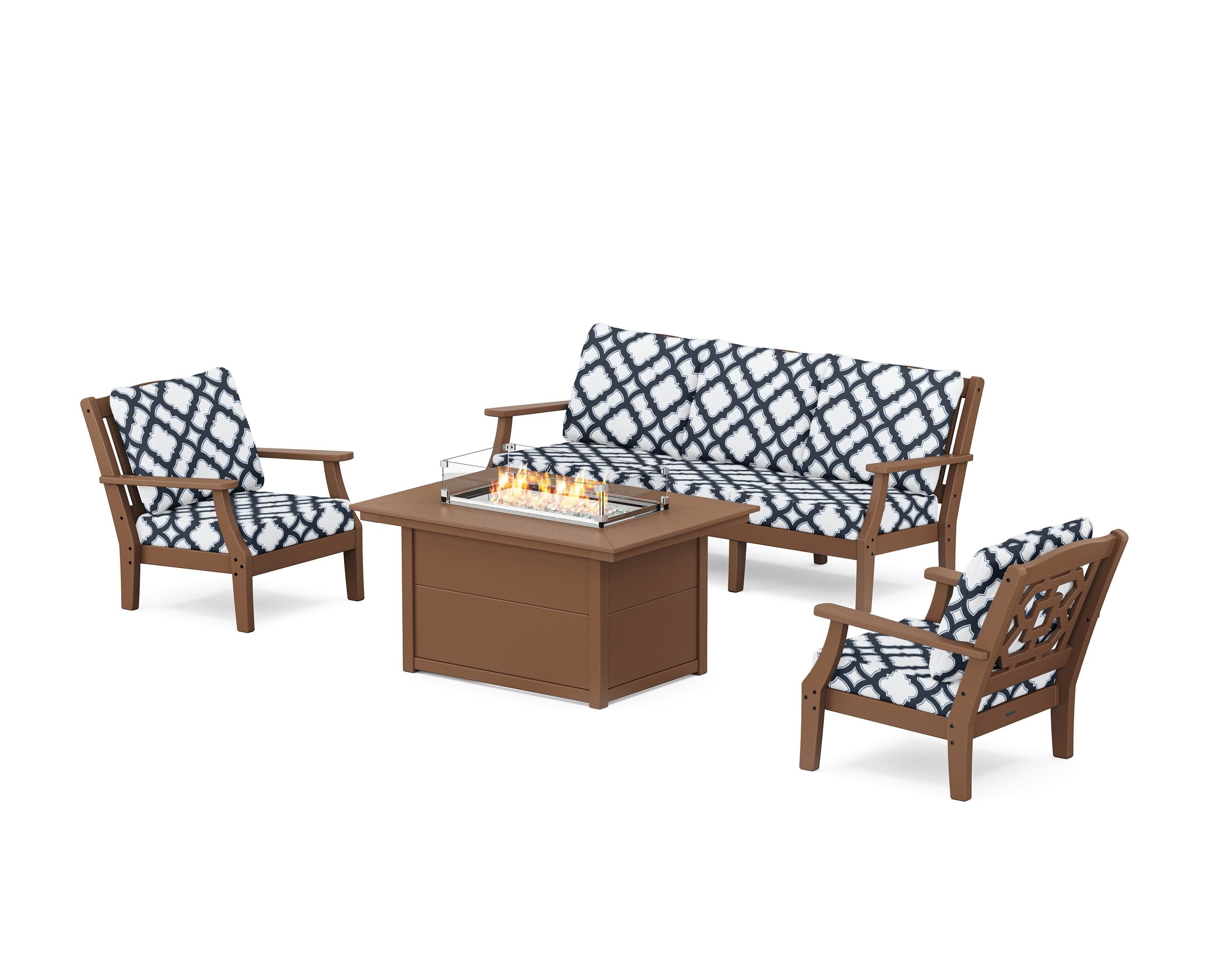 Martha Stewart by POLYWOOD® Chinoiserie Deep Seating Fire Pit Table Set in Teak / Trellis Marine Indigo