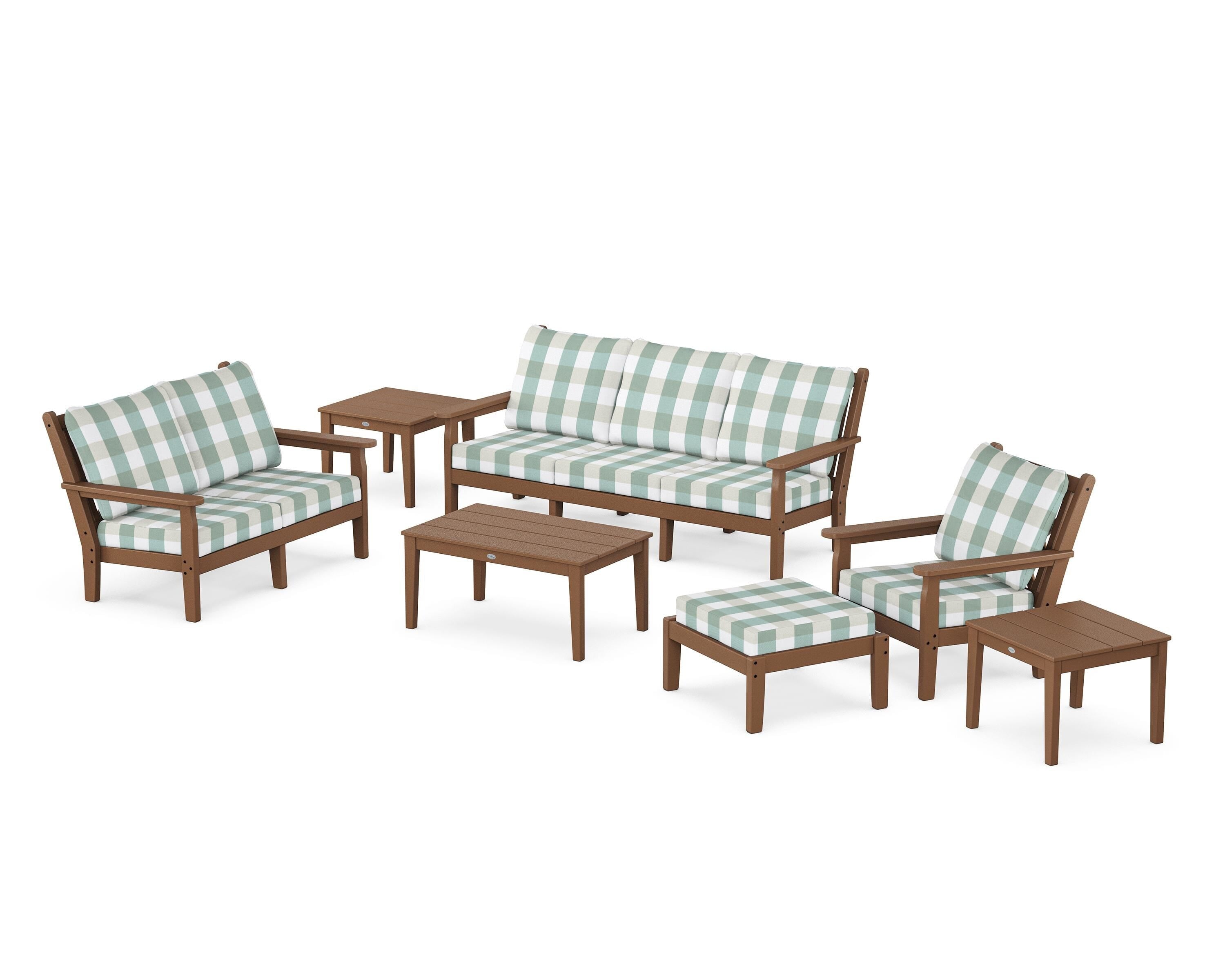 POLYWOOD® Chippendale 7-Piece Deep Seating Set in Teak / Buffalo Plaid Glacier Spa