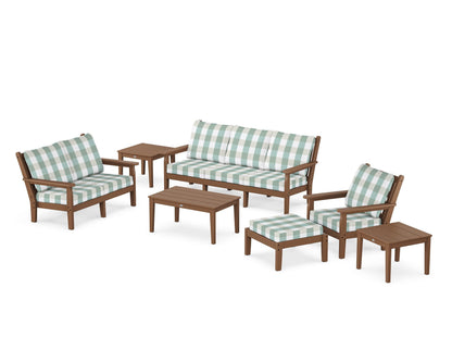 POLYWOOD® Chippendale 7-Piece Deep Seating Set in Teak / Buffalo Plaid Glacier Spa