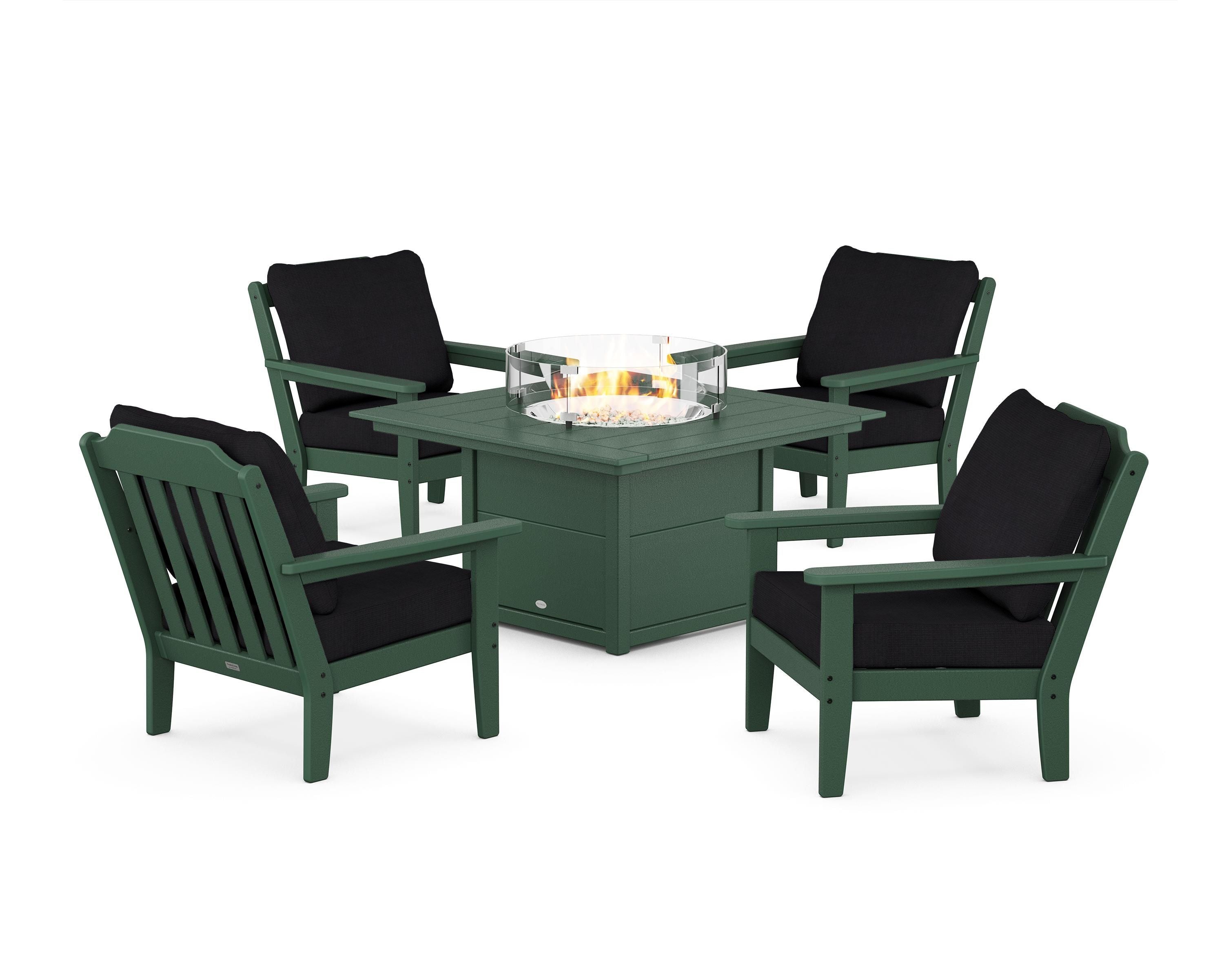 Country Living Cottage 5-Piece Deep Seating Set with Fire Pit Table in Green / Midnight Linen