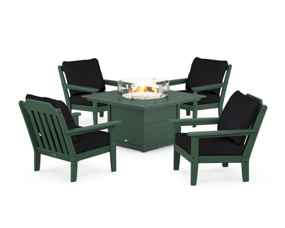 Country Living Cottage 5-Piece Deep Seating Set with Fire Pit Table in Green / Midnight Linen