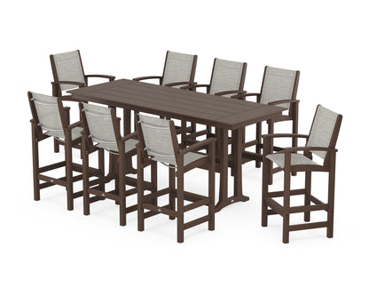 POLYWOOD® Coastal 9-Piece Farmhouse Bar Set with Trestle Legs in Mahogany / Birch Sling