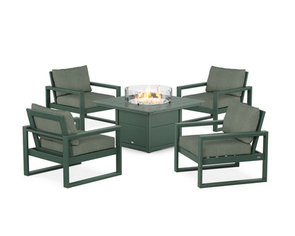 POLYWOOD® EDGE Sectional 5-Piece Deep Seating Set with Fire Pit Table in Green / Cast Sage