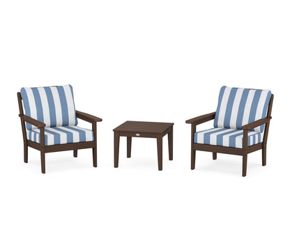 Country Living Cottage 3-Piece Deep Seating Set in Mahogany / Cabana Stripe Sky Blue
