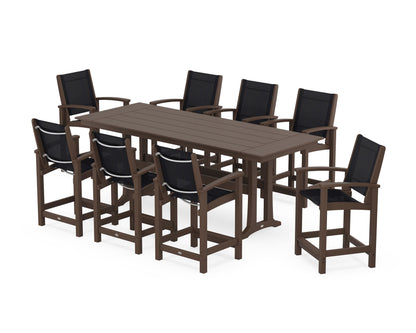 POLYWOOD® Coastal 9-Piece Farmhouse Counter Set with Trestle Legs in Mahogany / Black Sling