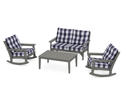 POLYWOOD® Vineyard 4-Piece Deep Seating Rocking Chair Set in Slate Grey / Buffalo Plaid Navy
