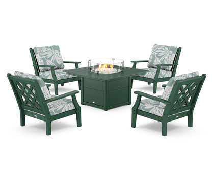 Country Living Wovendale 5-Piece Deep Seating Set with Fire Pit Table in Green / Leaf Glacier Spa