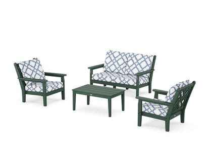 POLYWOOD® Chippendale 4-Piece Deep Seating Set with Loveseat in Green / Trellis Sky Blue