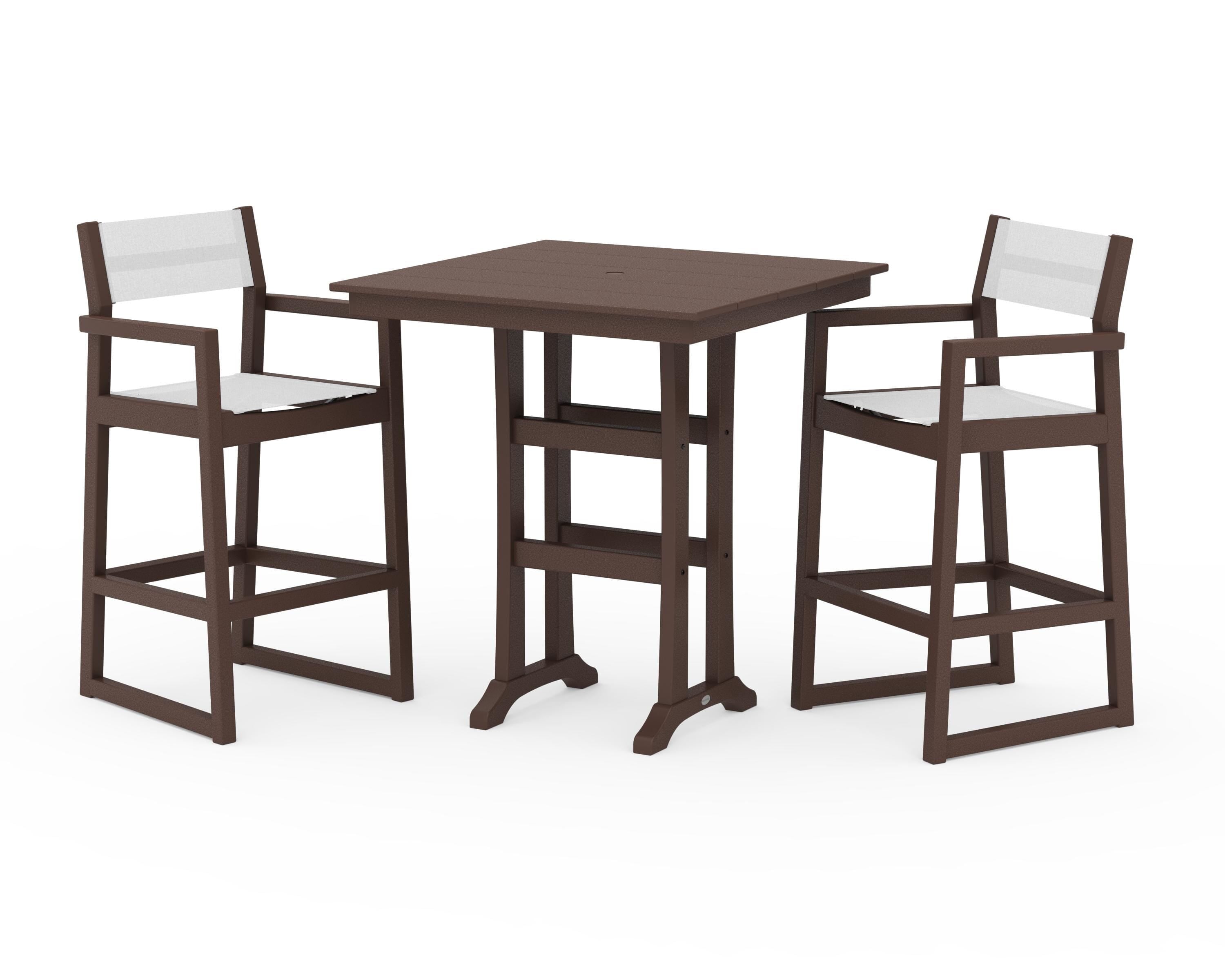 POLYWOOD® EDGE Sling Arm Chair 3-Piece Farmhouse Bar Set with Trestle Legs in Mahogany / White Sling