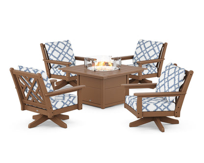 POLYWOOD® Chippendale 5-Piece Deep Seating Swivel Conversation Set with Fire Pit Table in Teak / Trellis Sky Blue