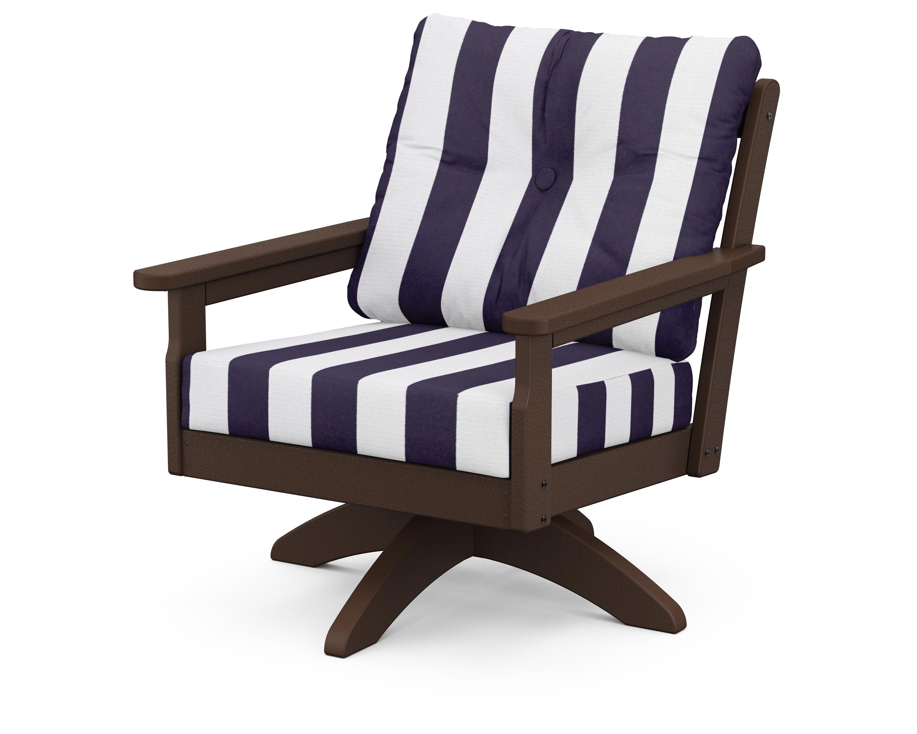 POLYWOOD® Vineyard Deep Seating Swivel Chair in Mahogany / Cabana Stripe Navy