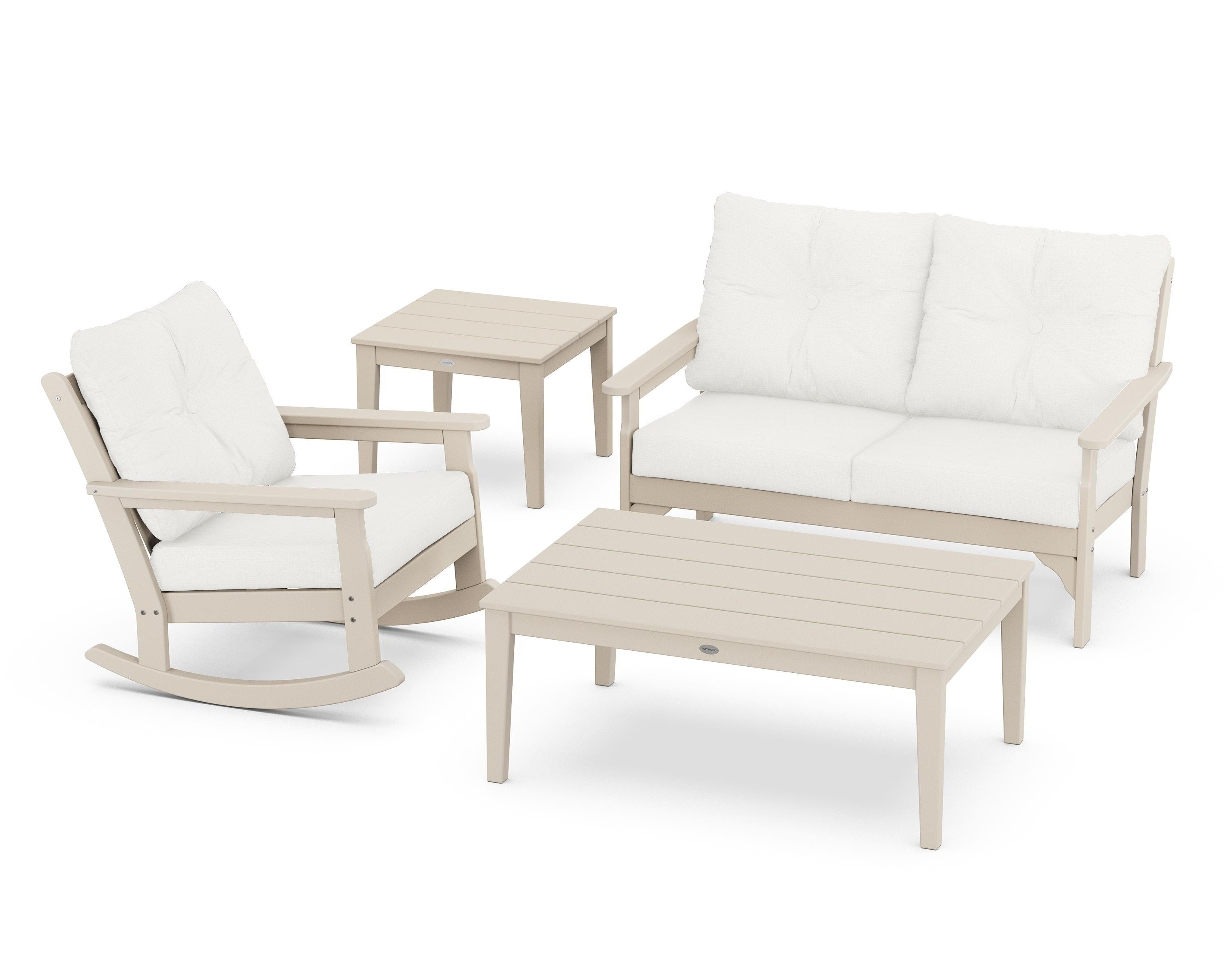 POLYWOOD® Vineyard 4-Piece Deep Seating Rocker Set in Sand / Natural Linen