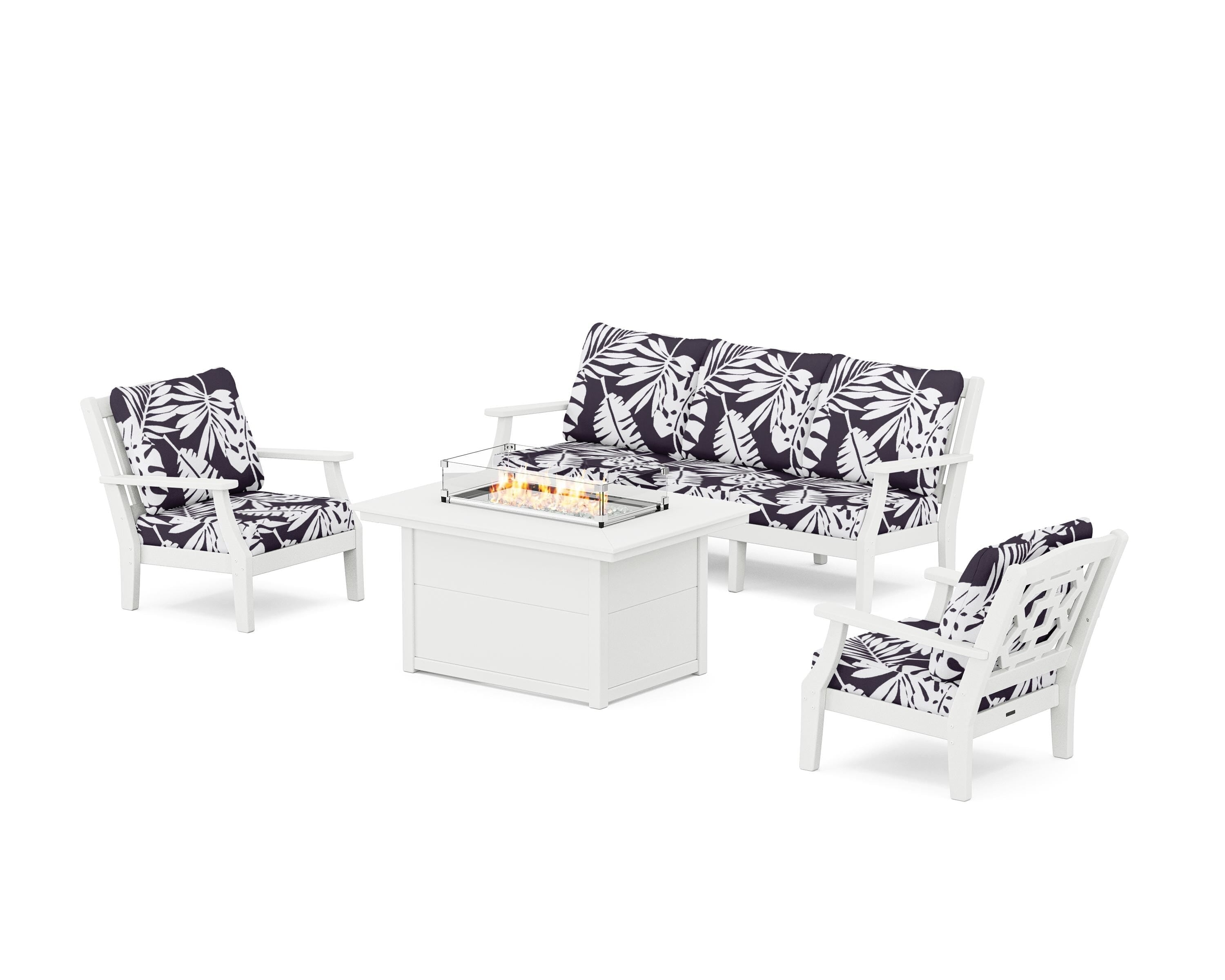 Martha Stewart by POLYWOOD® Chinoiserie Deep Seating Fire Pit Table Set in White / Leaf Navy