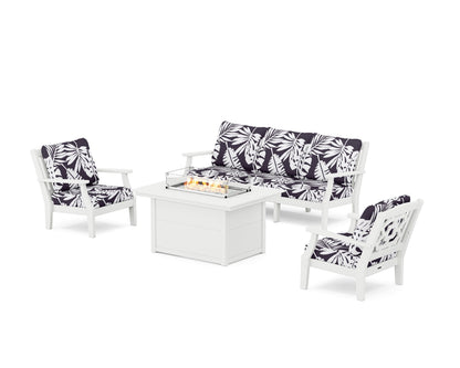 Martha Stewart by POLYWOOD® Chinoiserie Deep Seating Fire Pit Table Set in White / Leaf Navy