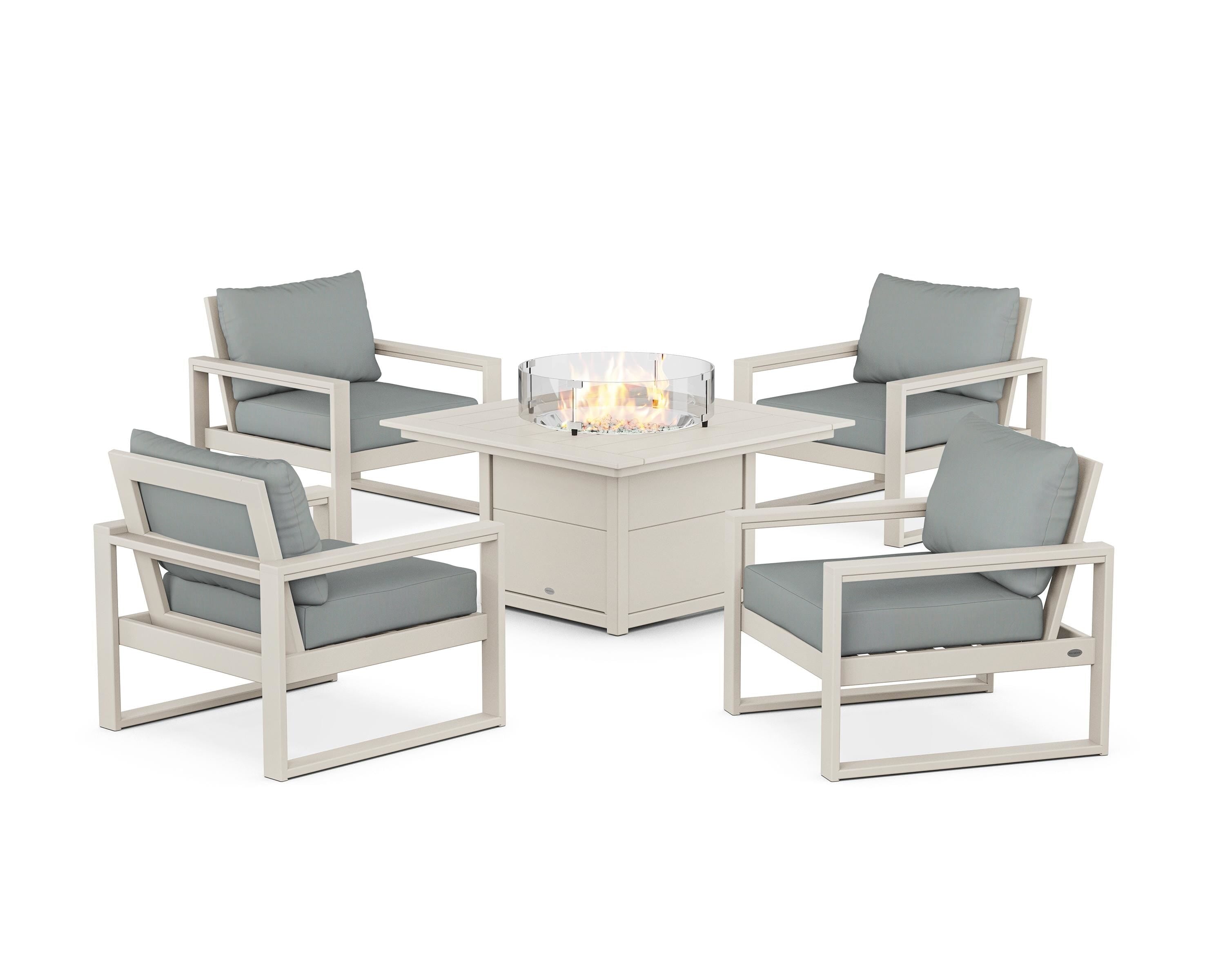 POLYWOOD® EDGE Sectional 5-Piece Deep Seating Set with Fire Pit Table in Sand / Spa