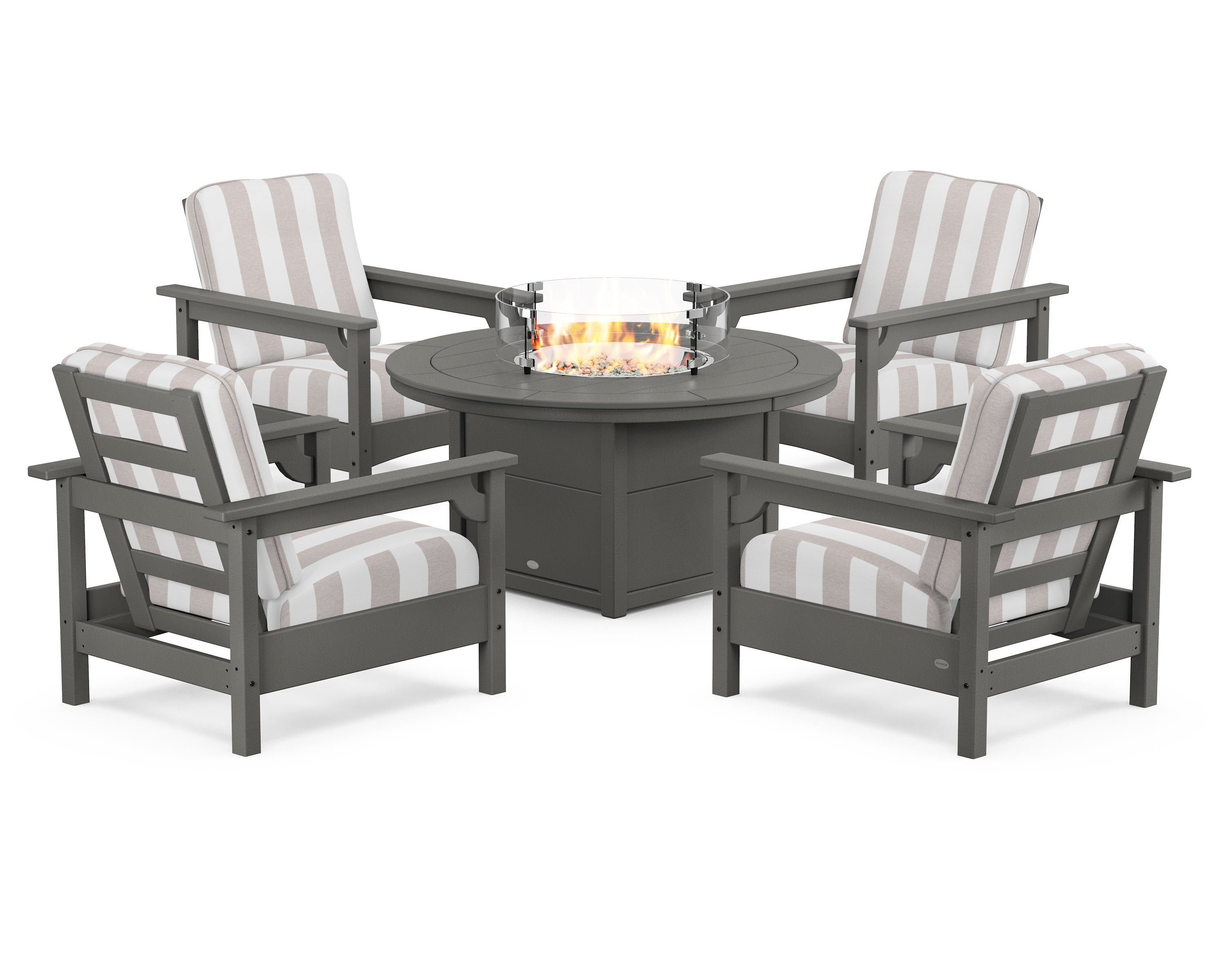 POLYWOOD® Club 5-Piece Conversation Set with Fire Pit Table in Slate Grey / Cabana Stripe Dune Burlap