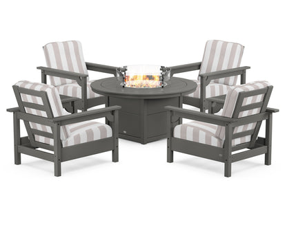 POLYWOOD® Club 5-Piece Conversation Set with Fire Pit Table in Slate Grey / Cabana Stripe Dune Burlap