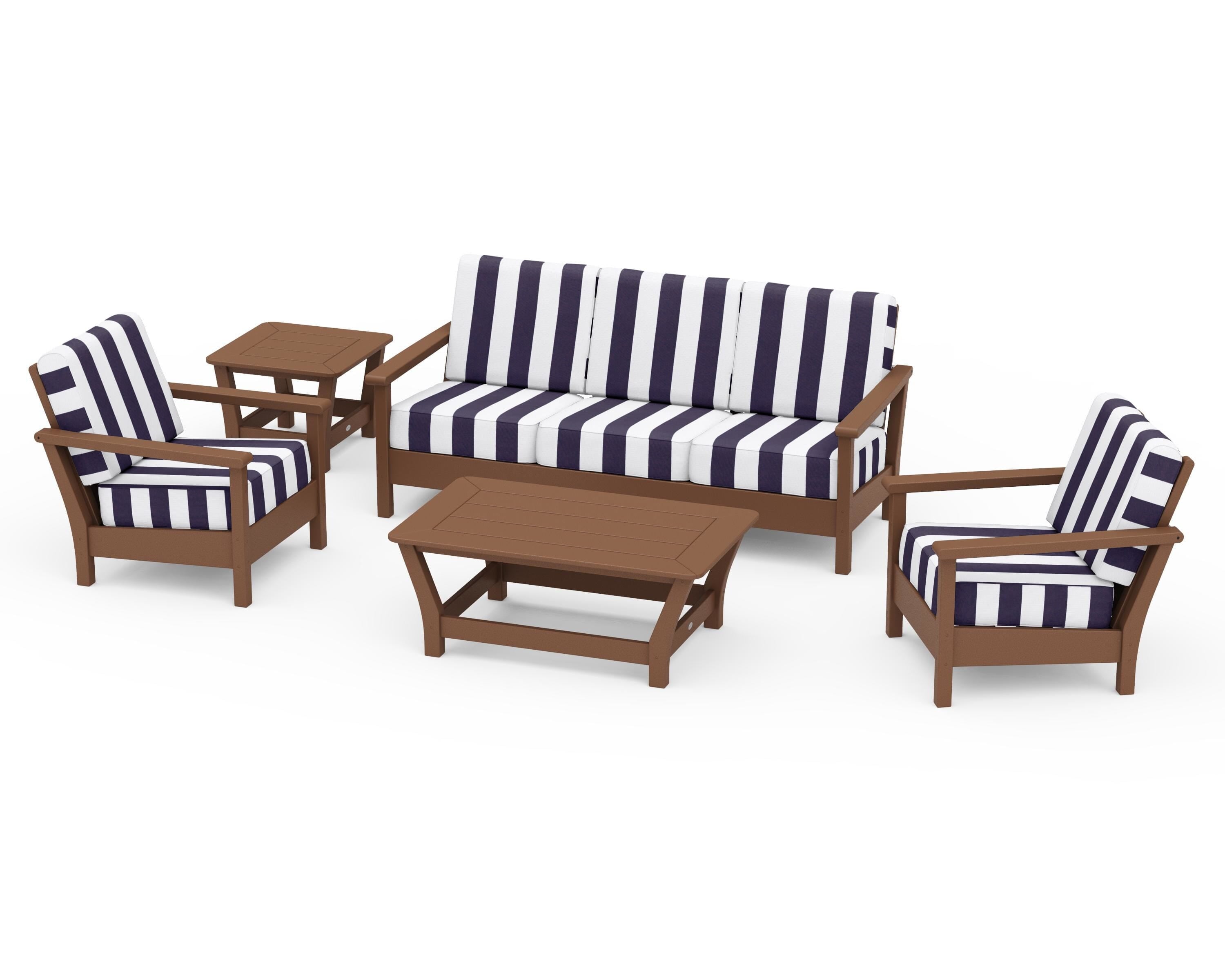 POLYWOOD® Harbour 5-Piece Deep Seating Set in Teak / Cabana Stripe Navy