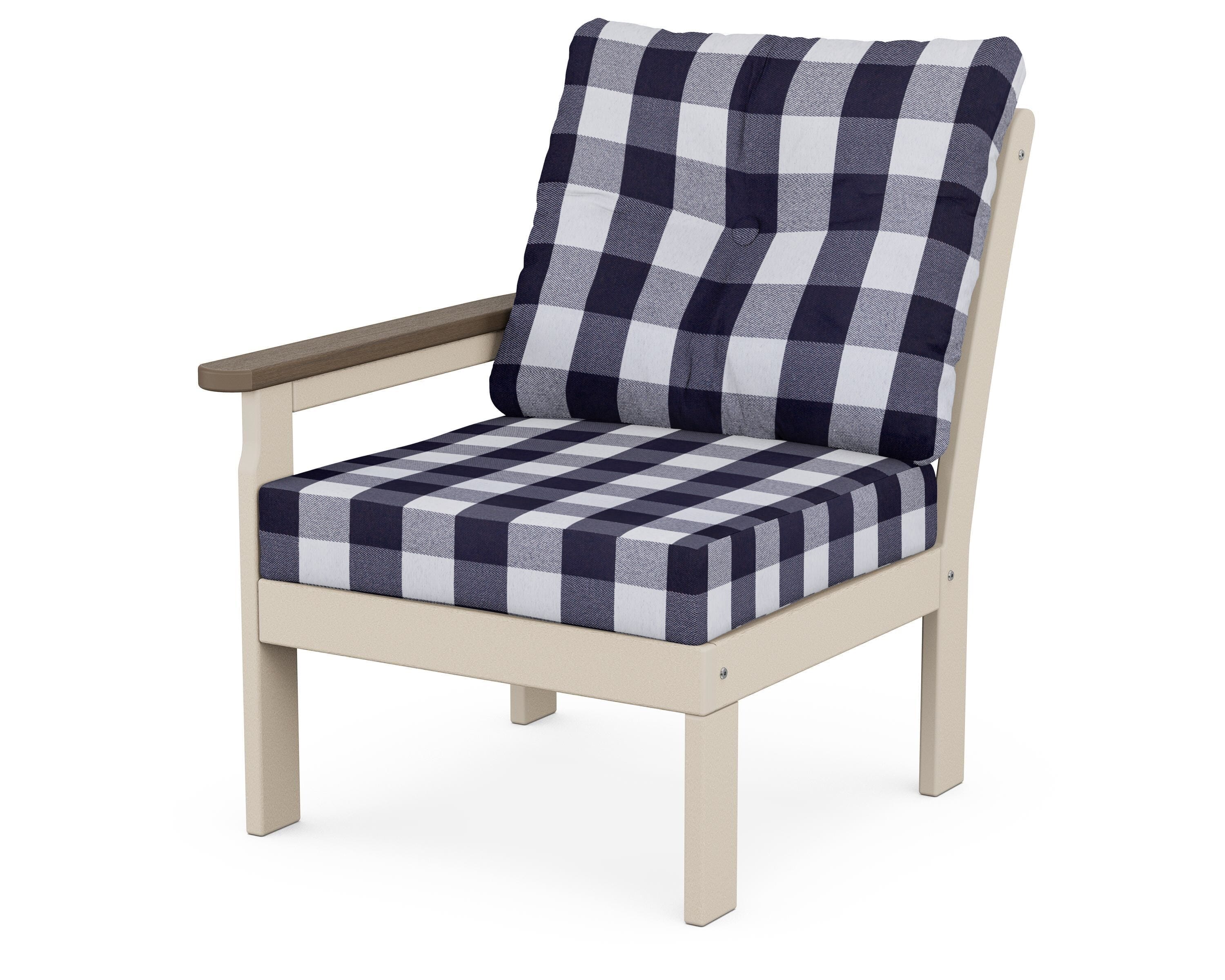 POLYWOOD® Vineyard Modular Left Arm Chair in Sand / Kona / Buffalo Plaid Navy
