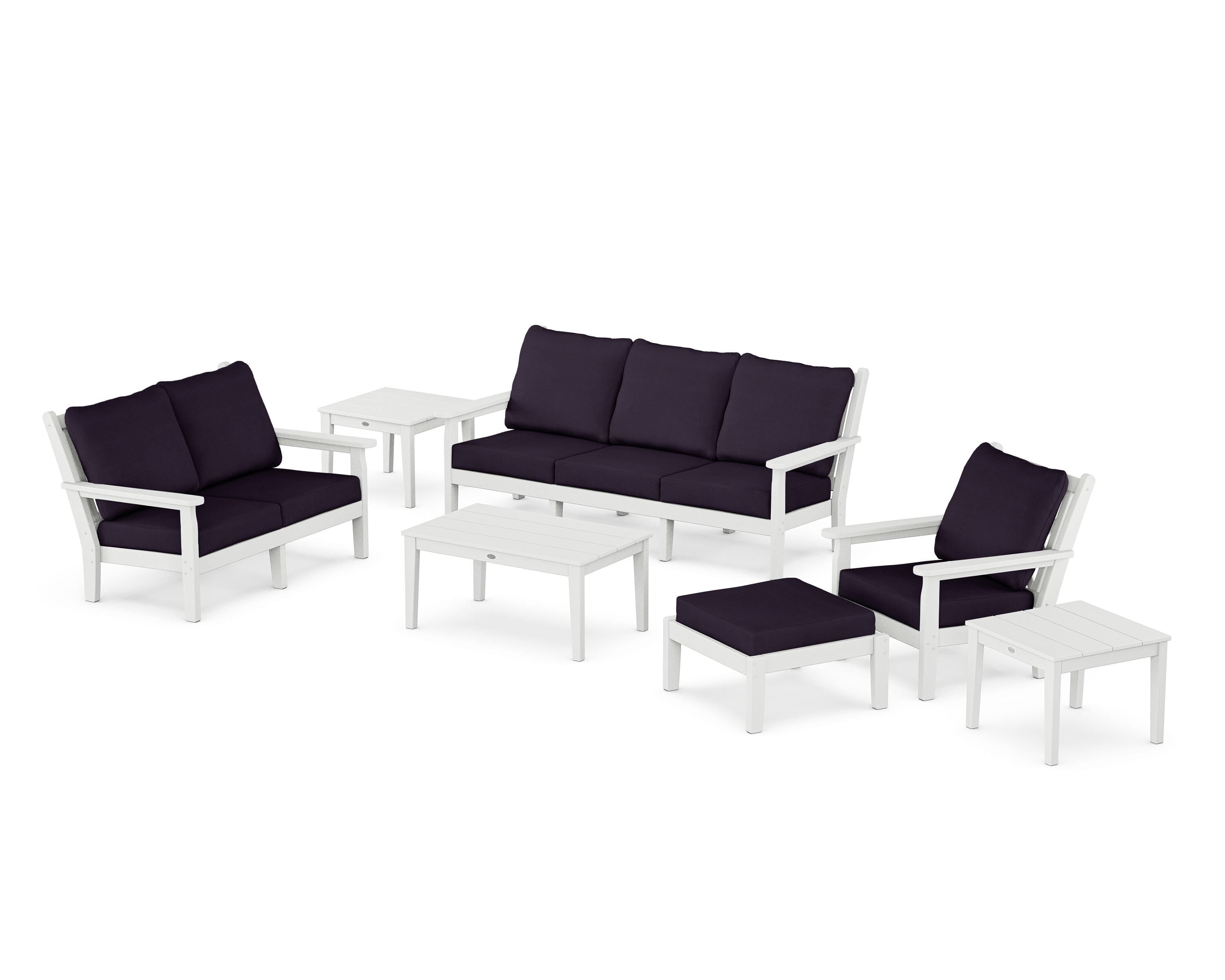 POLYWOOD® Chippendale 7-Piece Deep Seating Set in White / Navy Linen