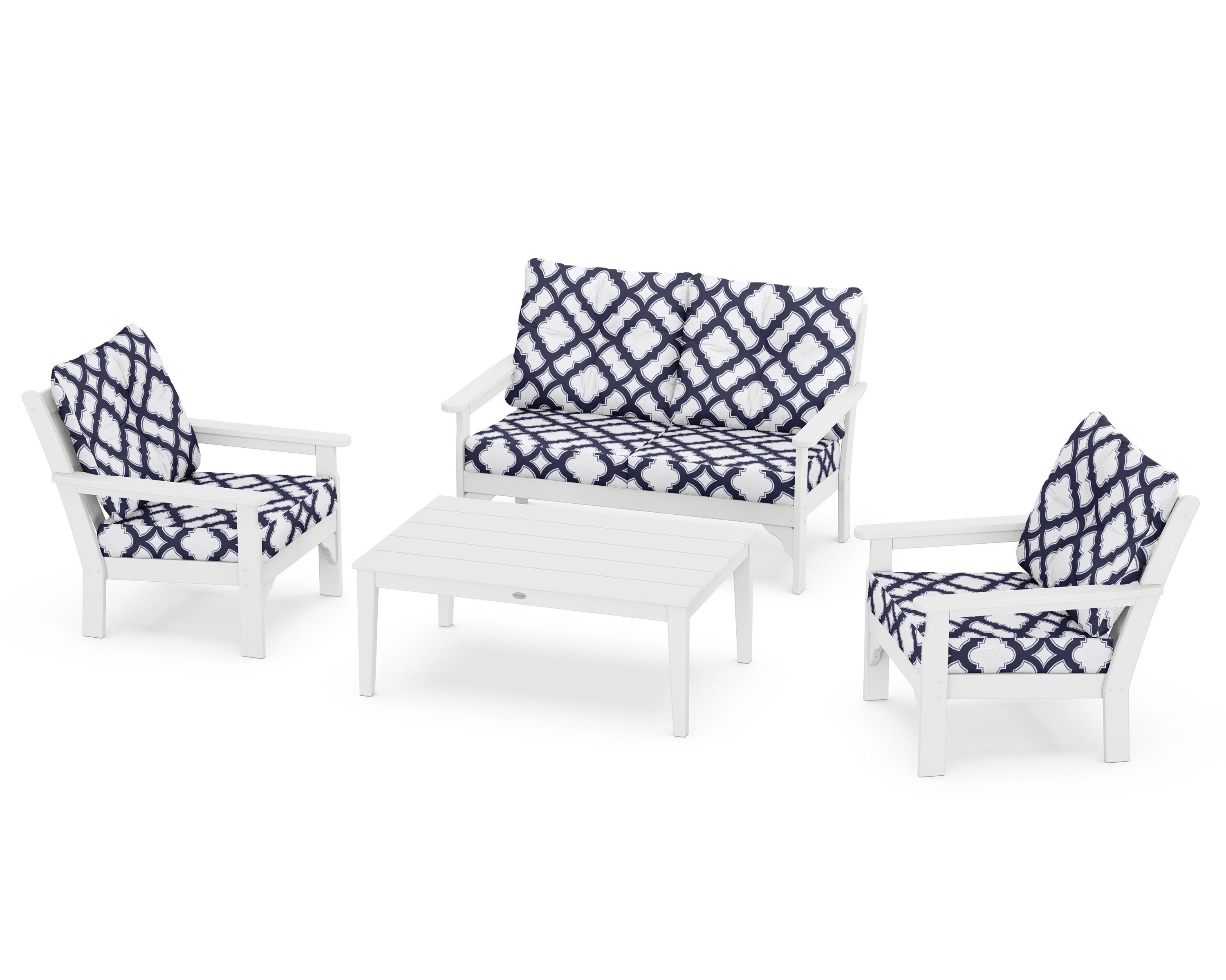 POLYWOOD® Vineyard 4-Piece Deep Seating Set in White / Trellis Navy