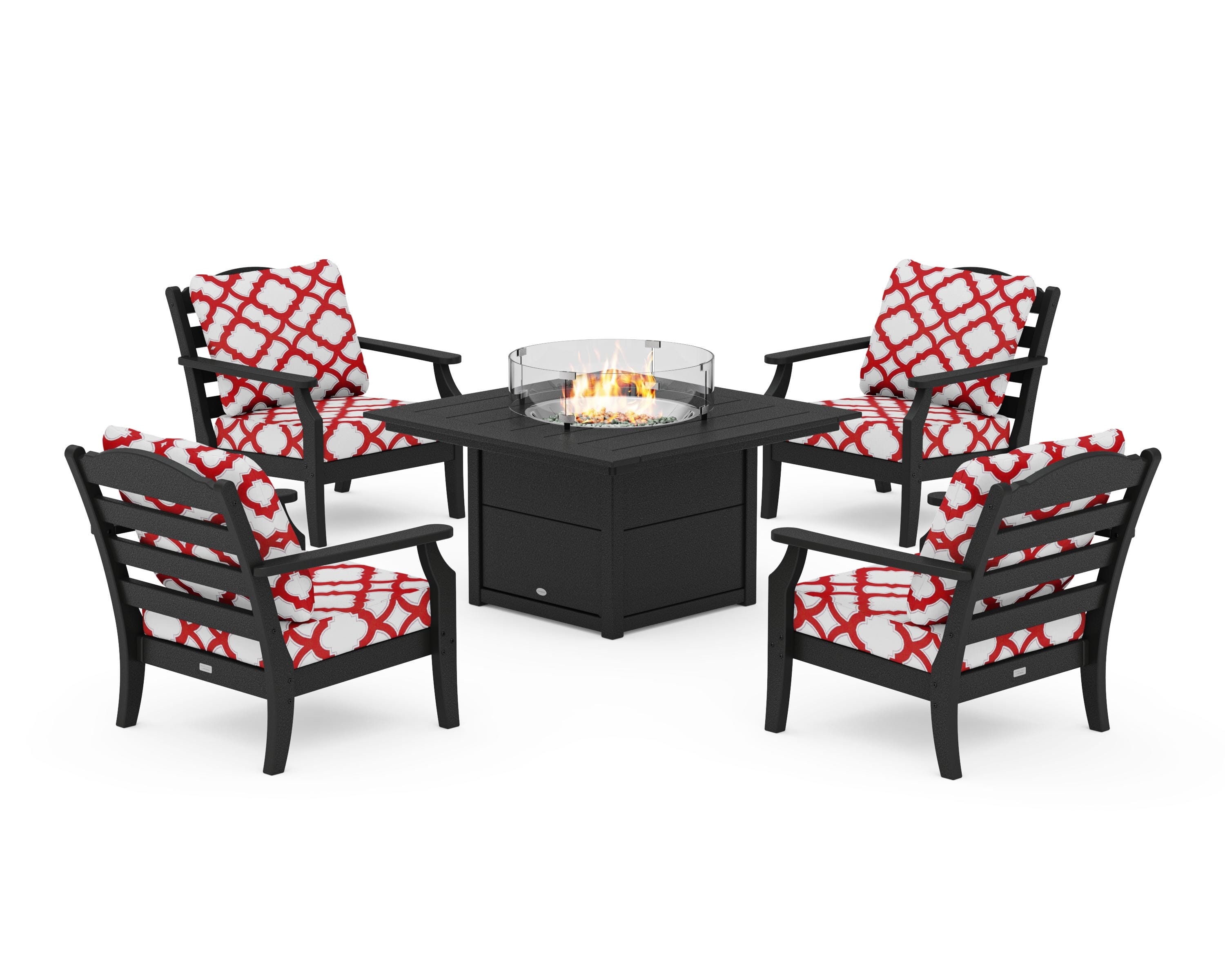 Draper James™ by  POLYWOOD® Savannah 5-Piece Deep Seating Set with Fire Pit Table in Black / Trellis Crimson