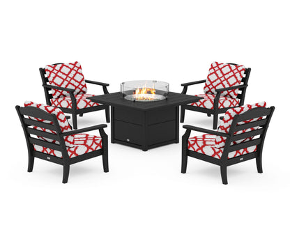 Draper James™ by  POLYWOOD® Savannah 5-Piece Deep Seating Set with Fire Pit Table in Black / Trellis Crimson