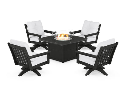 POLYWOOD® Vineyard 5-Piece Deep Seating Swivel Conversation Set with Fire Pit Table in Black / Natural