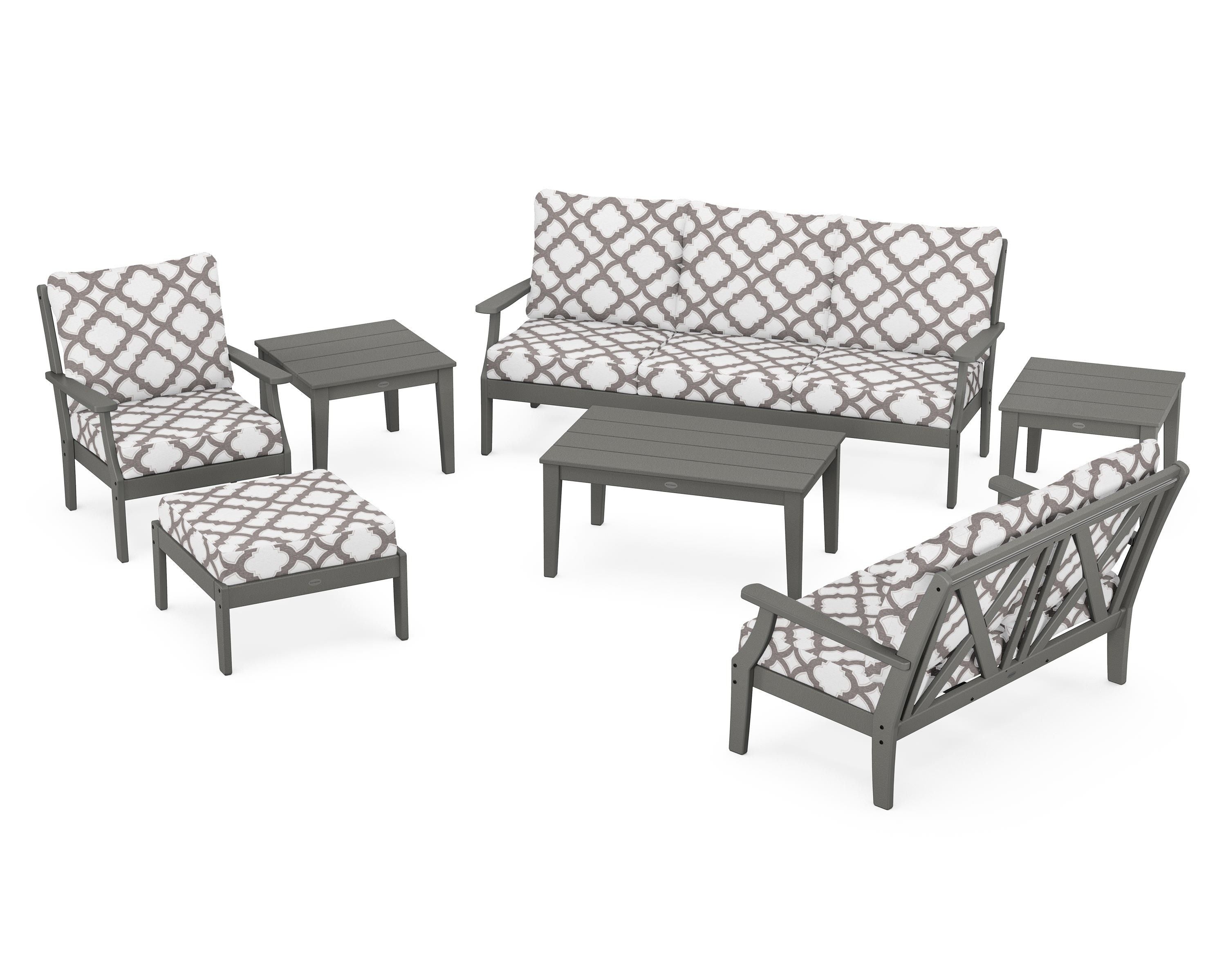 POLYWOOD® Braxton 7-Piece Deep Seating Set in Slate Grey / Trellis Grey Mist