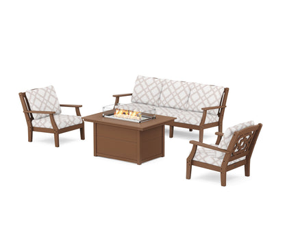 Martha Stewart by POLYWOOD® Chinoiserie Deep Seating Fire Pit Table Set in Teak / Trellis Dune Burlap