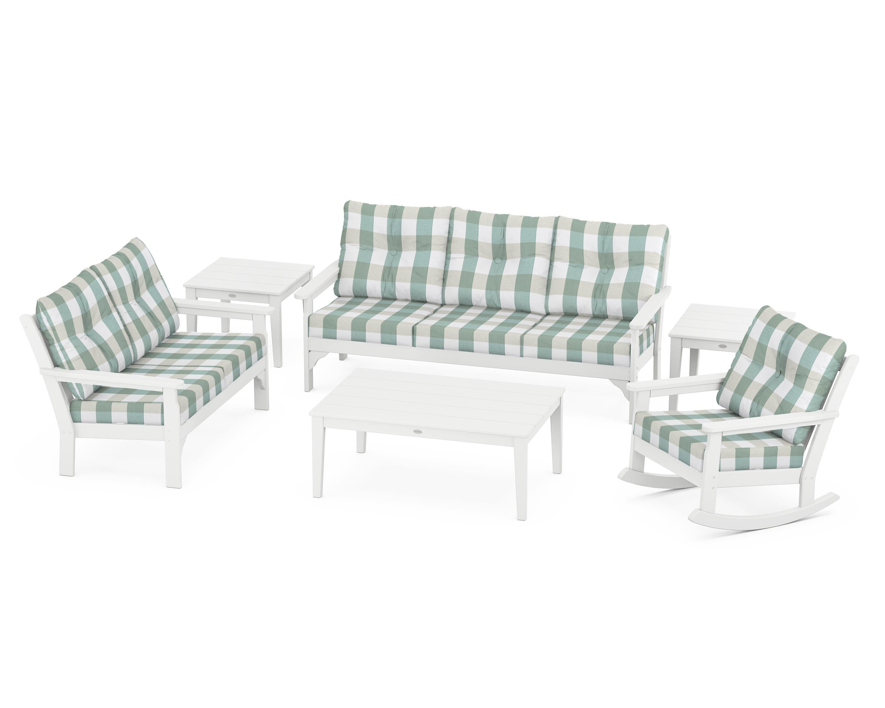 POLYWOOD® Vineyard 6-Piece Deep Seating Set in White / Buffalo Plaid Glacier Spa