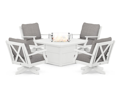 POLYWOOD® Braxton 5-Piece Deep Seating Swivel Conversation Set with Fire Pit Table in White / Grey Mist