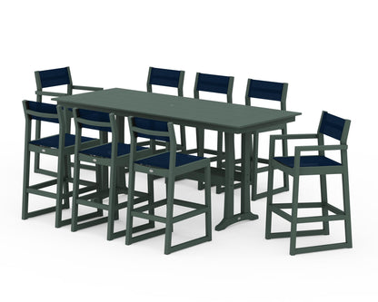 POLYWOOD® EDGE Sling 9-Piece Farmhouse Bar Set with Trestle Legs in Green / Navy Blue Sling