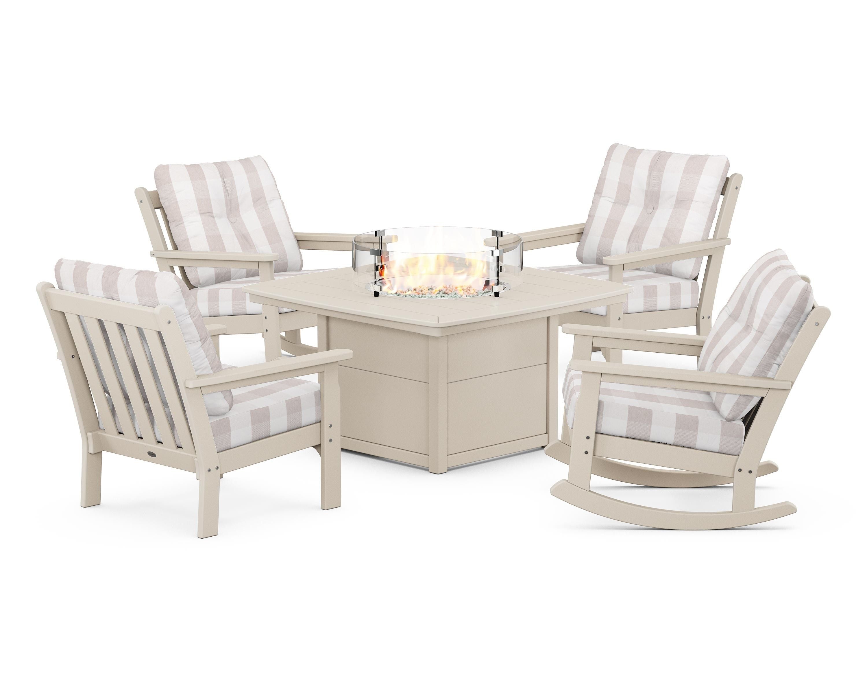 POLYWOOD® Vineyard 5-Piece Deep Seating Rocking Chair Conversation Set with Fire Pit Table in Sand / Buffalo Plaid Dune Burlap