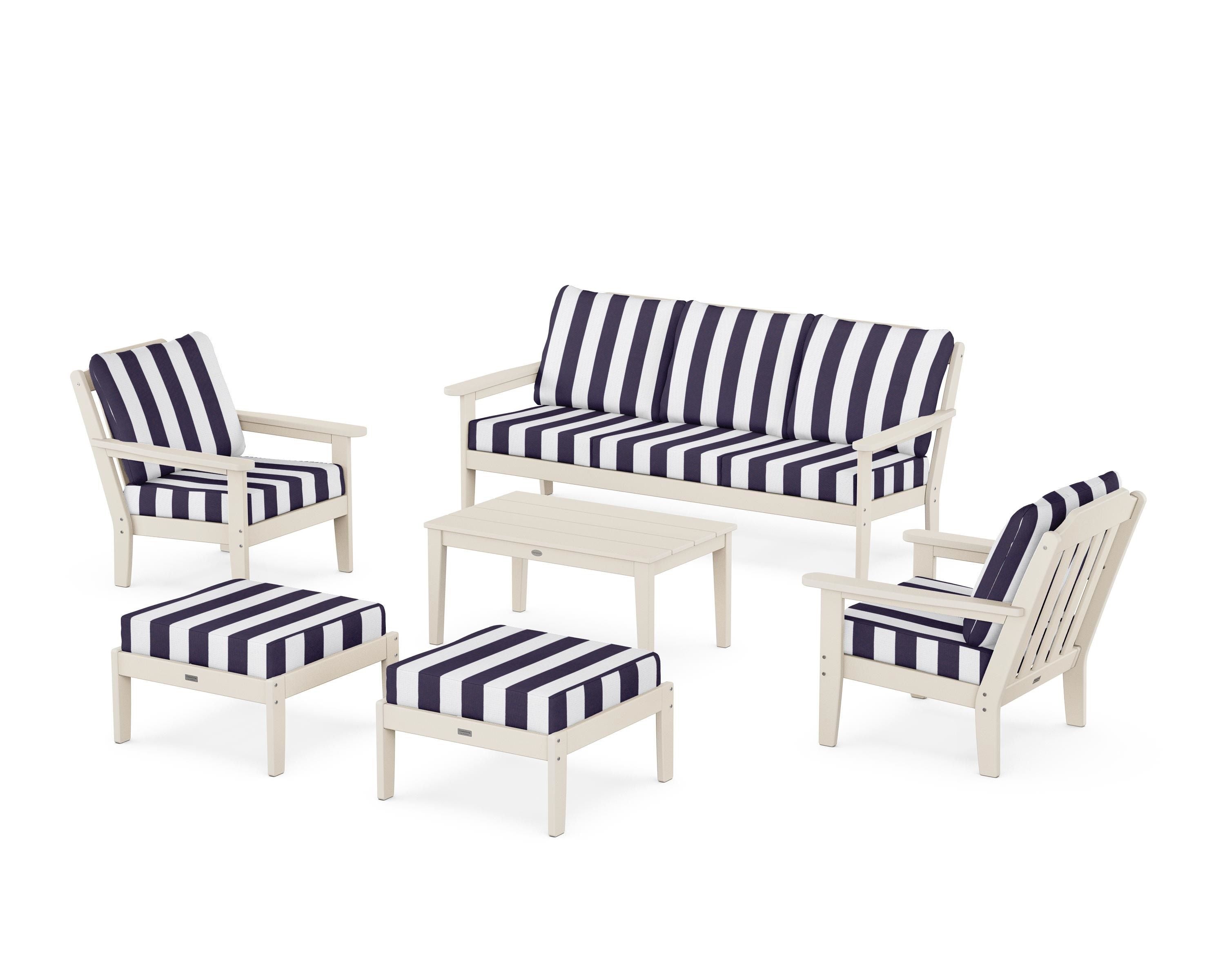Country Living Cottage 6-Piece Lounge Sofa Set in Sand / Cabana Stripe Navy