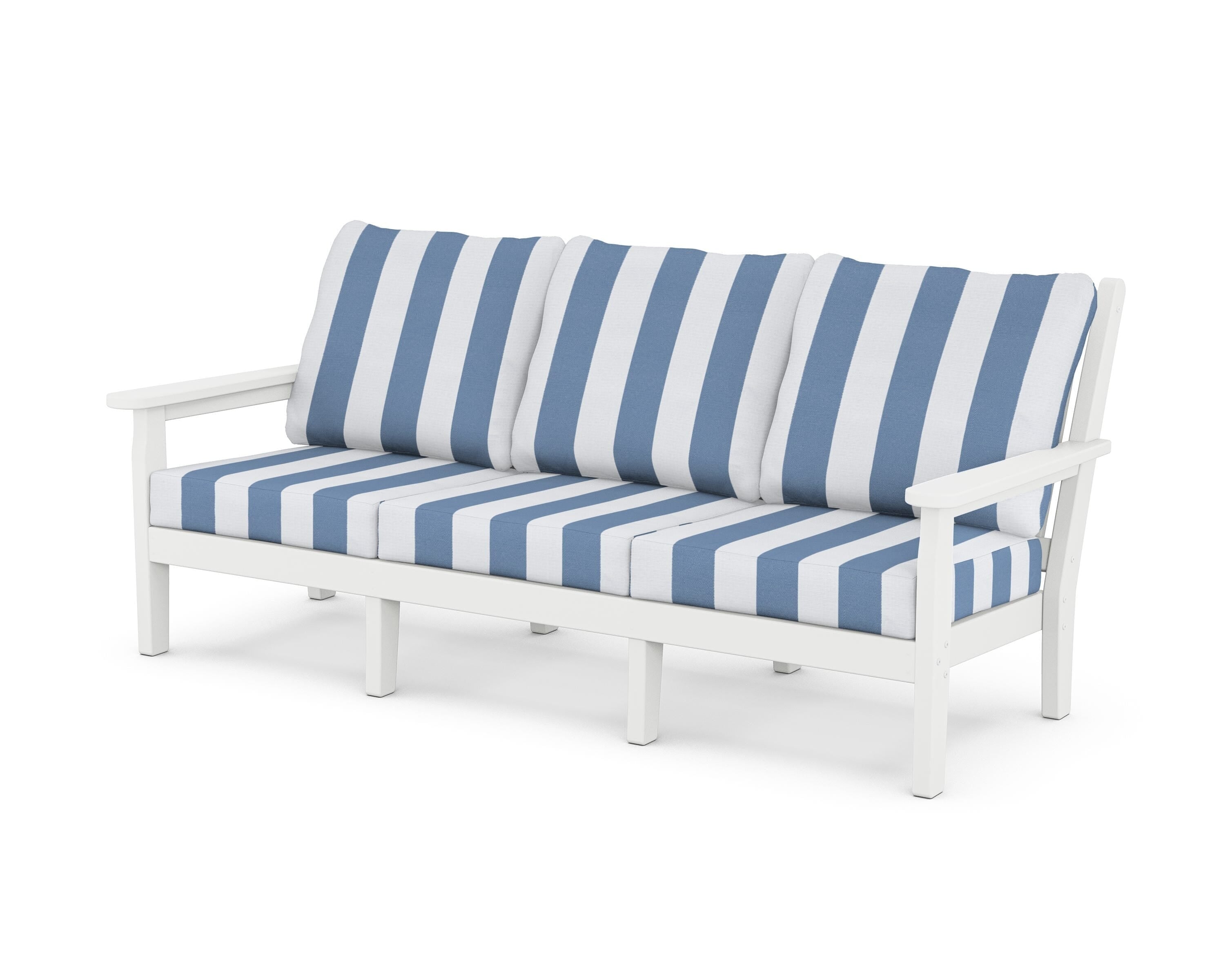 POLYWOOD® Chippendale Deep Seating Sofa in White / Cabana Stripe Sky Blue