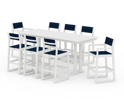 POLYWOOD® EDGE Sling 9-Piece Farmhouse Bar Set with Trestle Legs in White / Navy Blue Sling