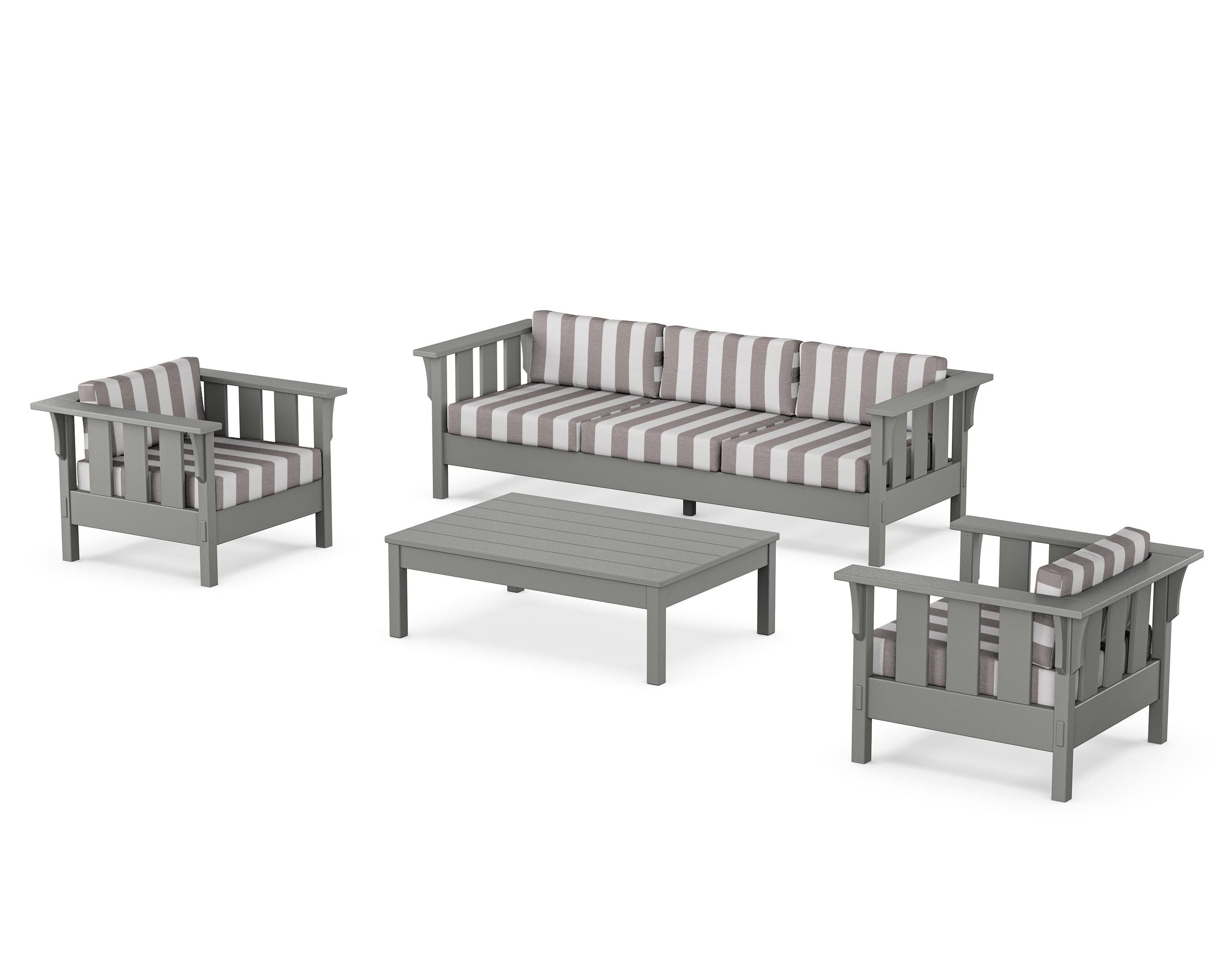 Martha Stewart by POLYWOOD® Acadia 4-Piece Deep Seating Set with Sofa in Slate Grey / Cabana Stripe Grey Mist